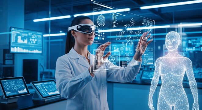 Woman scientist using virtual reality headset for molecular research. Digital data analysis in science lab.