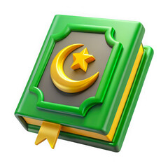 3d icon of islamic holy book with crescent moon and star symbol isolated on transparent background