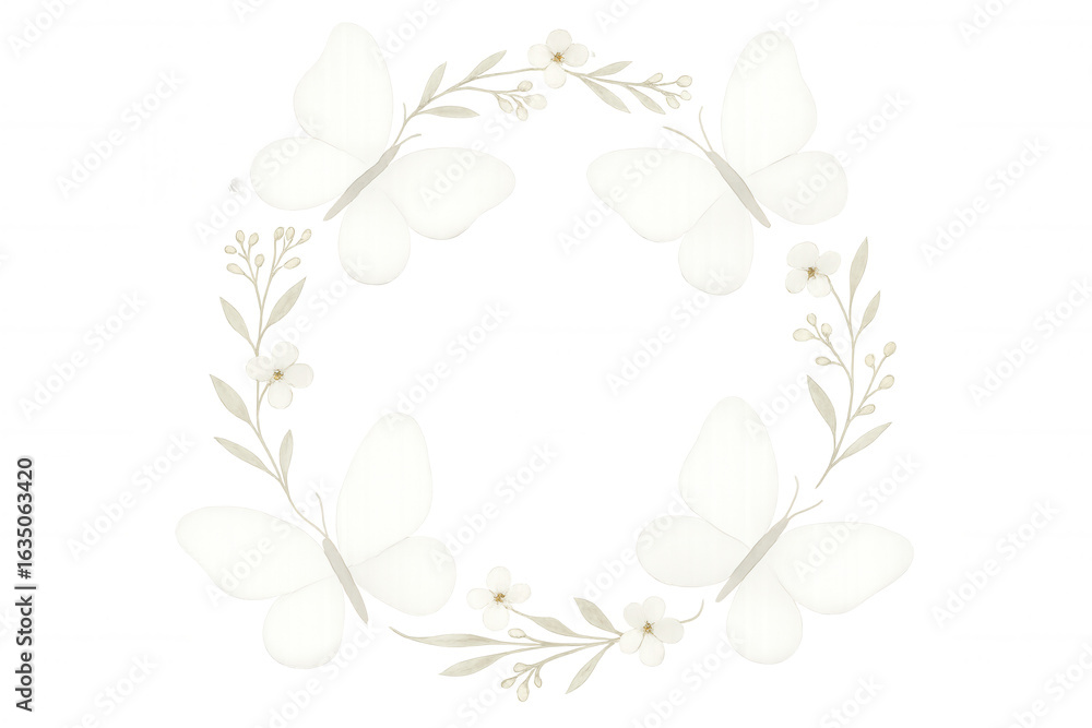 Poster delicate white butterflies dancing around soft petals, creating ethereal circular composition agains