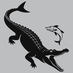 Obraz premium Crocodile Chasing Fish Silhouette vector design art and illustration