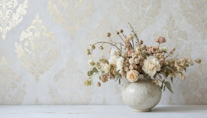 Elegant dried flower arrangement in vintage speckled vase. Features pastel pink, beige, cream, white blooms, textured foliage against ornate golden damask wallpaper. Romantic, rustic still life