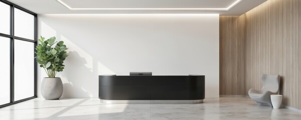 Modern reception area features sleek black desk against white wall, complemented by large window, potted plant. Unique chair, side table add contemporary style. Space combines minimalist design with