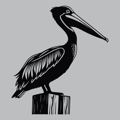 Pelican on Pier Post silhouette vector design art and illustration