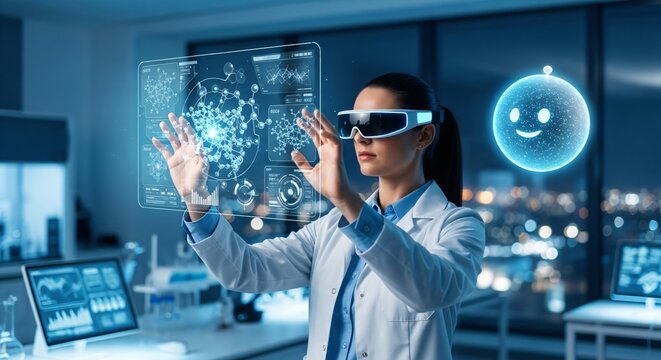 Woman scientist using virtual reality headset for molecular research. Digital data analysis in science lab. - Powered by Adobe