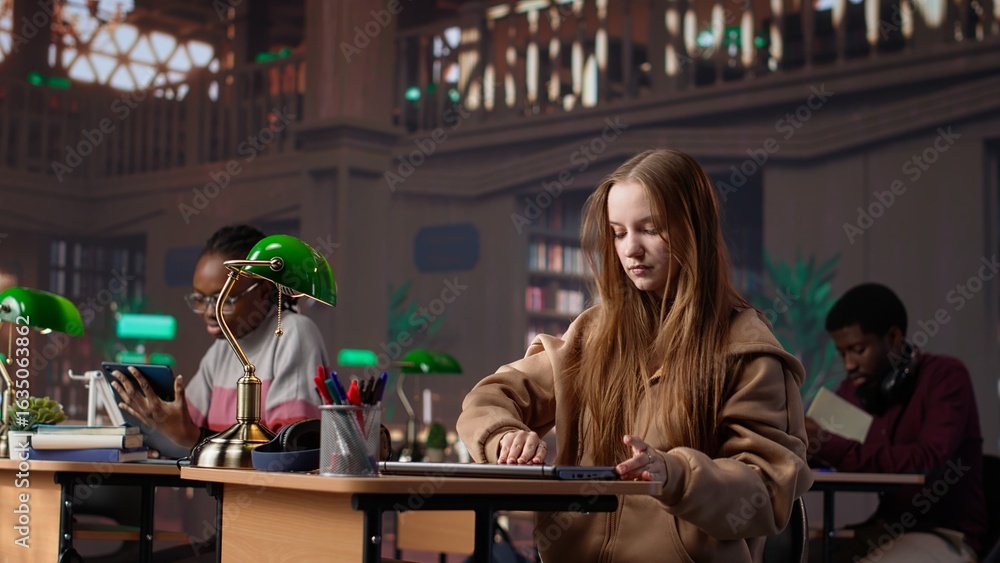 Poster focused girl arriving at university library and opening textbook to write notes, doing research with