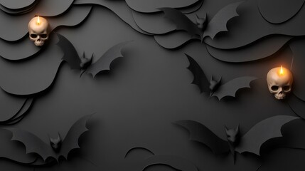A dark and moody Halloween still life with black paper bats, vintage candles, books