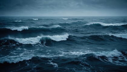 Turbulent ocean waves crash under dark, stormy sky creating moody, dramatic seascape. Rough blue water moves with wild energy towards horizon under cloudy, windy weather condition. Powerful natural