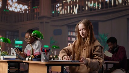 Focused girl arriving at university library and opening textbook to write notes, doing research with the help of massive books database at campus designated space for self learning. Camera A.
