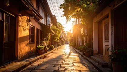 Fototapeta premium Golden hour street scene tranquil neighborhood photography warm light urban landscape serenity