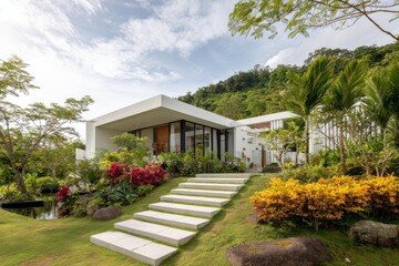 The contemporary architectural design harmoniously integrates with the natural landscape, creating a breathtaking hillside home enveloped by lush greenery and colorful blooms