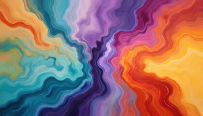 Obraz premium Mesmerizing abstract blend of vibrant color spectrums, creating dynamic, visually captivating artwork. Swirling fluid waves of turquoise, purple, pink, orange, yellow hues form intricate, painterly