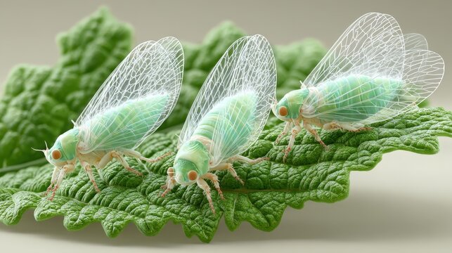 Realistic cluster of whiteflies on the underside of a pepper leaf highlighting pest impact