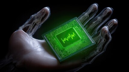 A translucent hand supports a glowing green microchip, symbolizing the merging of human biology and technology
