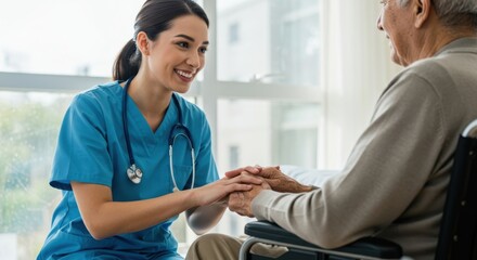 Caring nurse comforts elderly patient in wheelchair with gentle handhold and warm smile