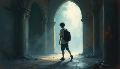 Young boy walking with backpack in abandoned arched corridor  