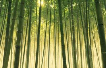 Fototapeta premium Sunlight streams through rich bamboo forest creating tranquil, zen atmosphere. Tall green stalks display minimalistic Japanese style, perfect for serene nature background with copy space for text.
