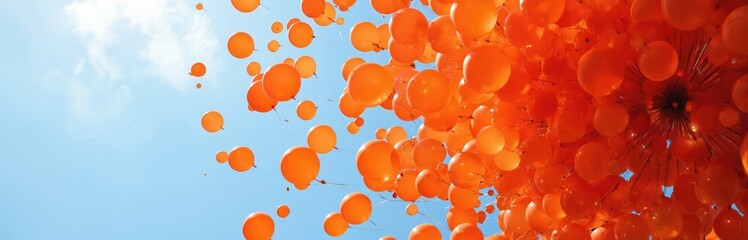 Vibrant orange balloons fill blue sky in celebration of Koningsdag, Dutch King Day festival. Horizontal banner with copy space for event promotions. Cheerful atmosphere with many festive, happy