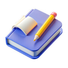 3d illustration of a blue book with a yellow pencil and open page isolated on transparent background