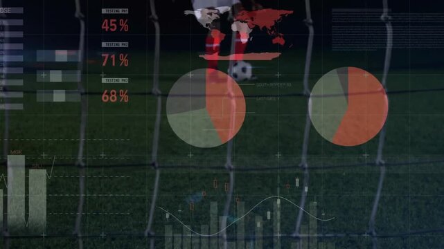On ball dropping striker kicking shot for scoring as analytics updating charts as goalkeeper diving