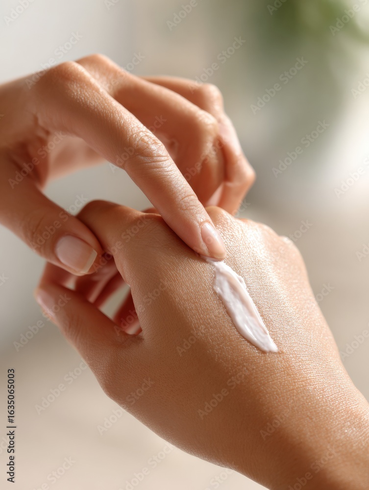 Poster applying cream to recently treated skin with soft shadows in a close-up view capturing detailed text