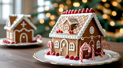 Festive gingerbread house decorated with icing, candy canes, and holiday sweets on elegant plate with Christmas tree bokeh lights in background, cozy and traditional Christmas dessert scene