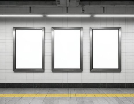 Three blank advertisement panels on tiled subway wall ready for marketing campaign. Modern urban transit interior with clean white posters, metallic frames. Public transport station media display for