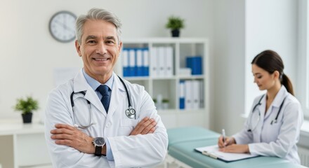 Experienced male doctor with stethoscope confidently poses in a modern medical office with a female colleague working in the background