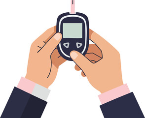 Hands holding glucose meter testing blood sugar level for diabetes health monitoring vector illustration 