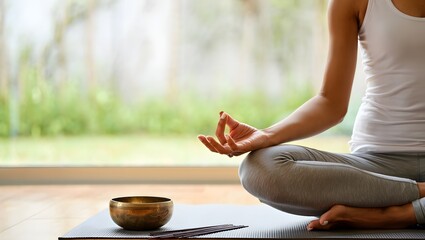 Anonymous Female Sits Cross-Legged, Meditating in a Nature Retreat, Blending with Peaceful Forest Surroundings. Incense Gives Soothing Aromas, while the Harmonious Tones of Singing Bowls Resonate