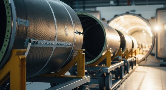 Closeup of composite aircraft fuselage segments loaded onto autoclave carts awaiting heat and pressure treatment.