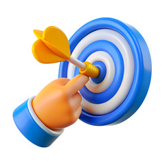 3d icon of hand pointing at a dart hitting the bullseye on a target isolated on transparent background