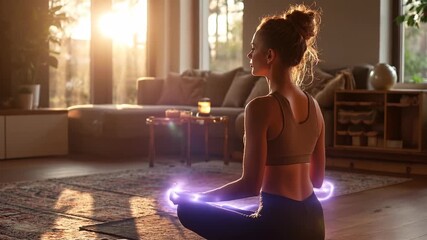 Young woman practices yoga in a cozy room with warm sunlight streaming through the window, creating a peaceful and serene atmosphere for her morning routine.