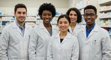 Diverse group of five smiling pharmacy professionals wearing white lab coats in a brightly lit drugstore