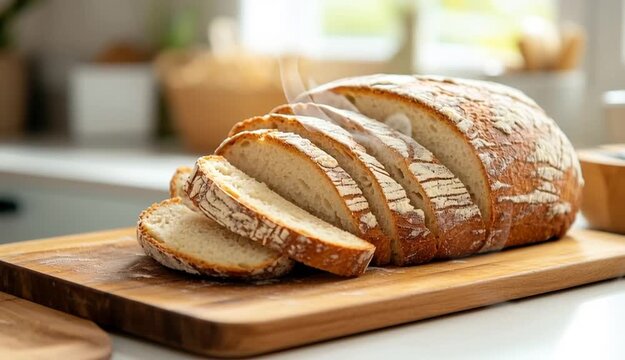 Freshly baked sliced bread displayed on a wooden cutting board in a cozy kitchen environment
