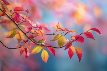 Magical pink and autumn leaves on blue