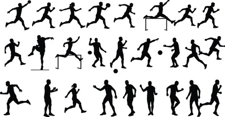 Sportsman athlete silhouette running jumping playing football, motion action pose illustration, fitness agility training concept, workout movement, cad drawing flat vector illustration