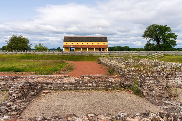 Reconstructed Roman villa alongside the significant Roman settlement unearthed at Wroxeter, near Shrewsbury in Shropshire