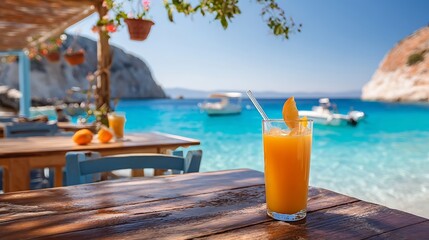 Awesome photo of awesome photo of glass of fresh orange juice on the table at a summer beach bar with a beautiful view of the blue lagoon in Greece.