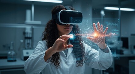 Scientist engages with advanced virtual reality technology in a modern laboratory setting exploring digital interfaces
