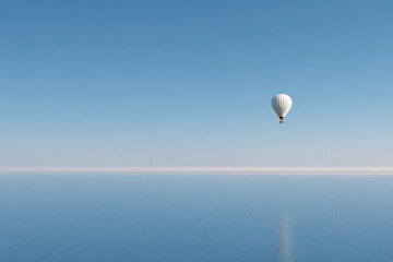hyperrealistic ultraminimalist photograph of vast sky with single hot air balloon drifting peacefully