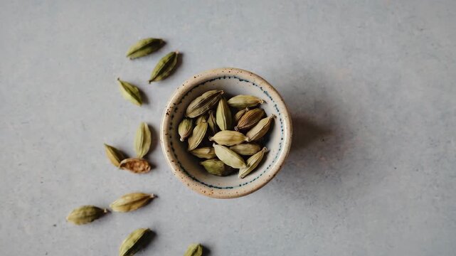  Gen-4 Turbo Ceramic bowl full of dried cardamom pods Indian traditional spice Macro Rotation 