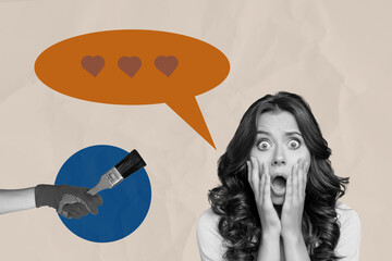 Abstract collage of person having speech bubble with like icon hand gesture showing paint brush...