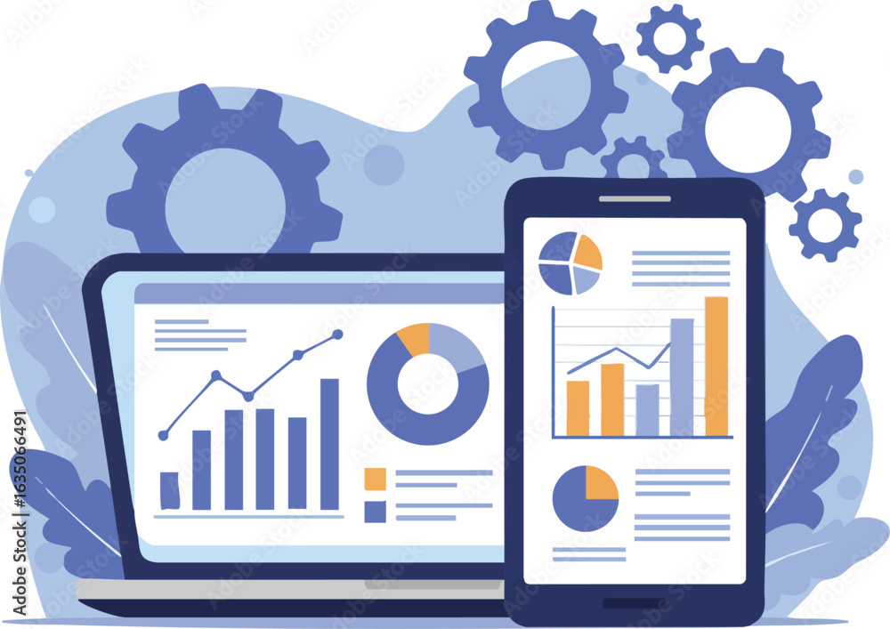 Poster data analytics dashboard with graphs and pie charts on laptop and smartphone vector illustration