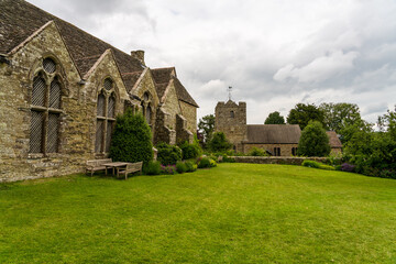 Stokesay castle is 13th Century fortified manor house in Shropshire England seen on a cloudy day