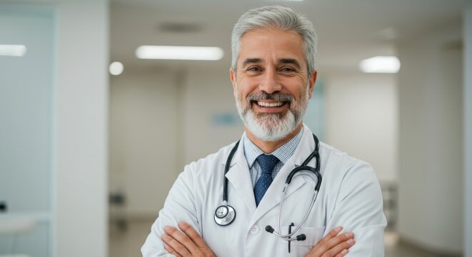 Smiling senior doctor with gray hair and beard wearing a white lab coat and stethoscope in a hospital corridor