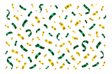 Luxurious golden, emerald ribbons cascading gracefully, generating festive ambiance for holiday designs, party invitations, celebration graphics