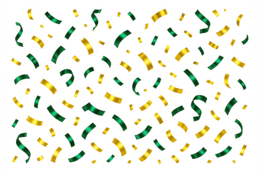 Luxurious golden, emerald ribbons cascading gracefully, generating festive ambiance for holiday designs, party invitations, celebration graphics