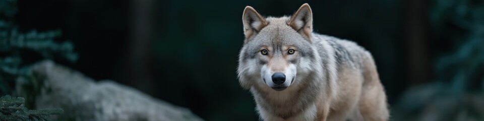 Fototapeta premium Majestic gray wolf in forest habitat captured in stunning detail