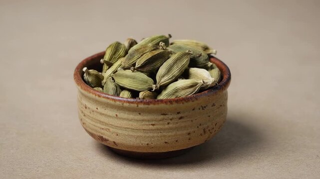  Gen-4 Turbo Ceramic bowl full of dried cardamom pods Indian traditional spice Macro Rotation 