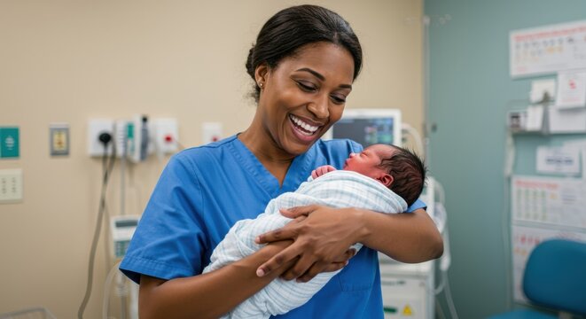 Smiling nurse tenderly holds newborn baby in hospital room with medical equipment in background